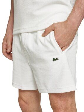 LACOSTE White Terry Knit Shorts Paris Regular Fit Logo Drawstring casual lounge